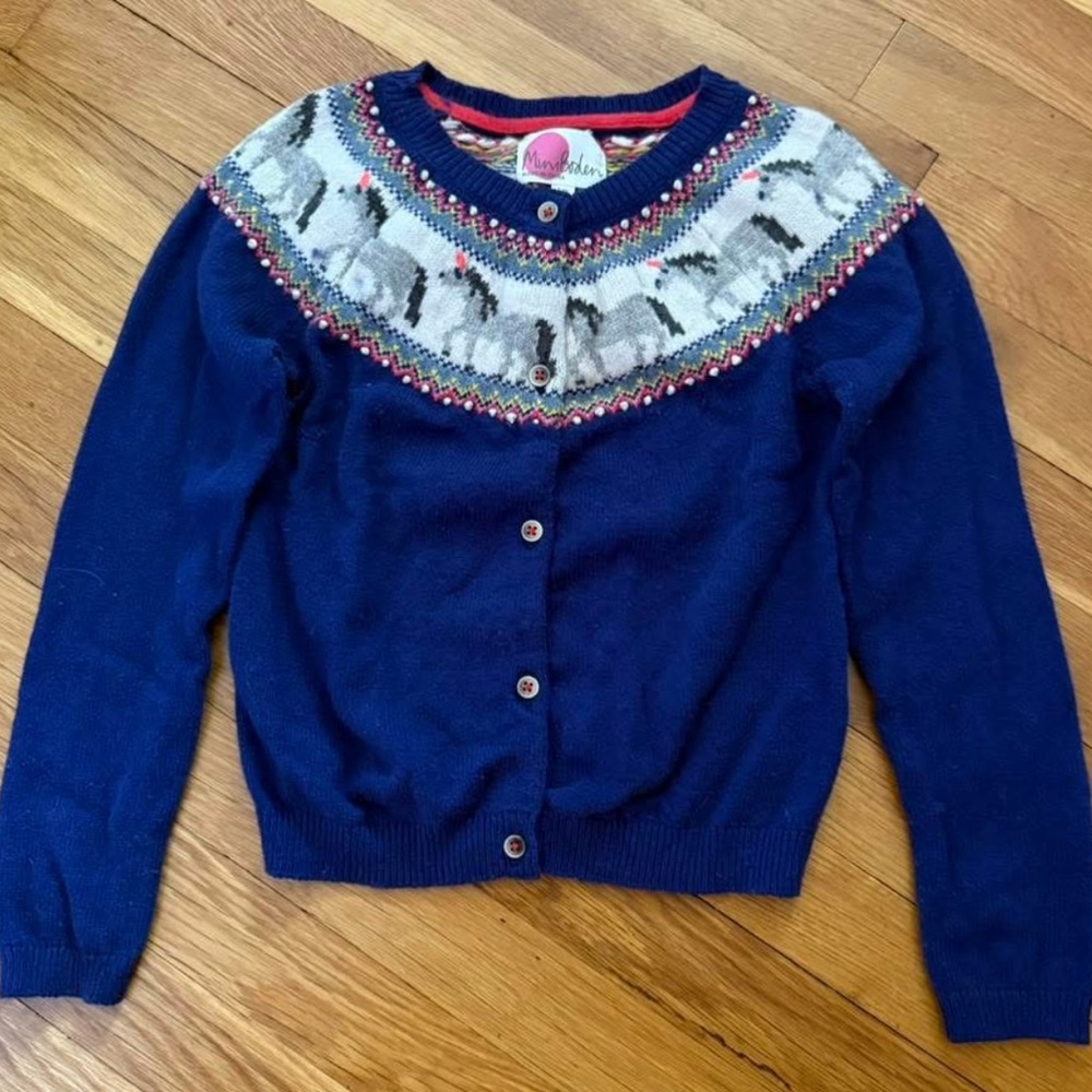 Mini Boden Unicorn Fair Isle Cardigan 7-8 EUC